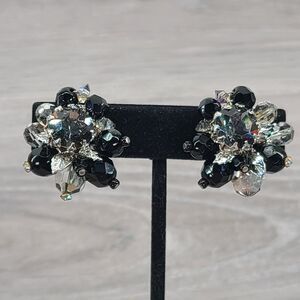 Vendome Cluster Clip on Earrings Black Clear Beads Silver Tone Leaf
